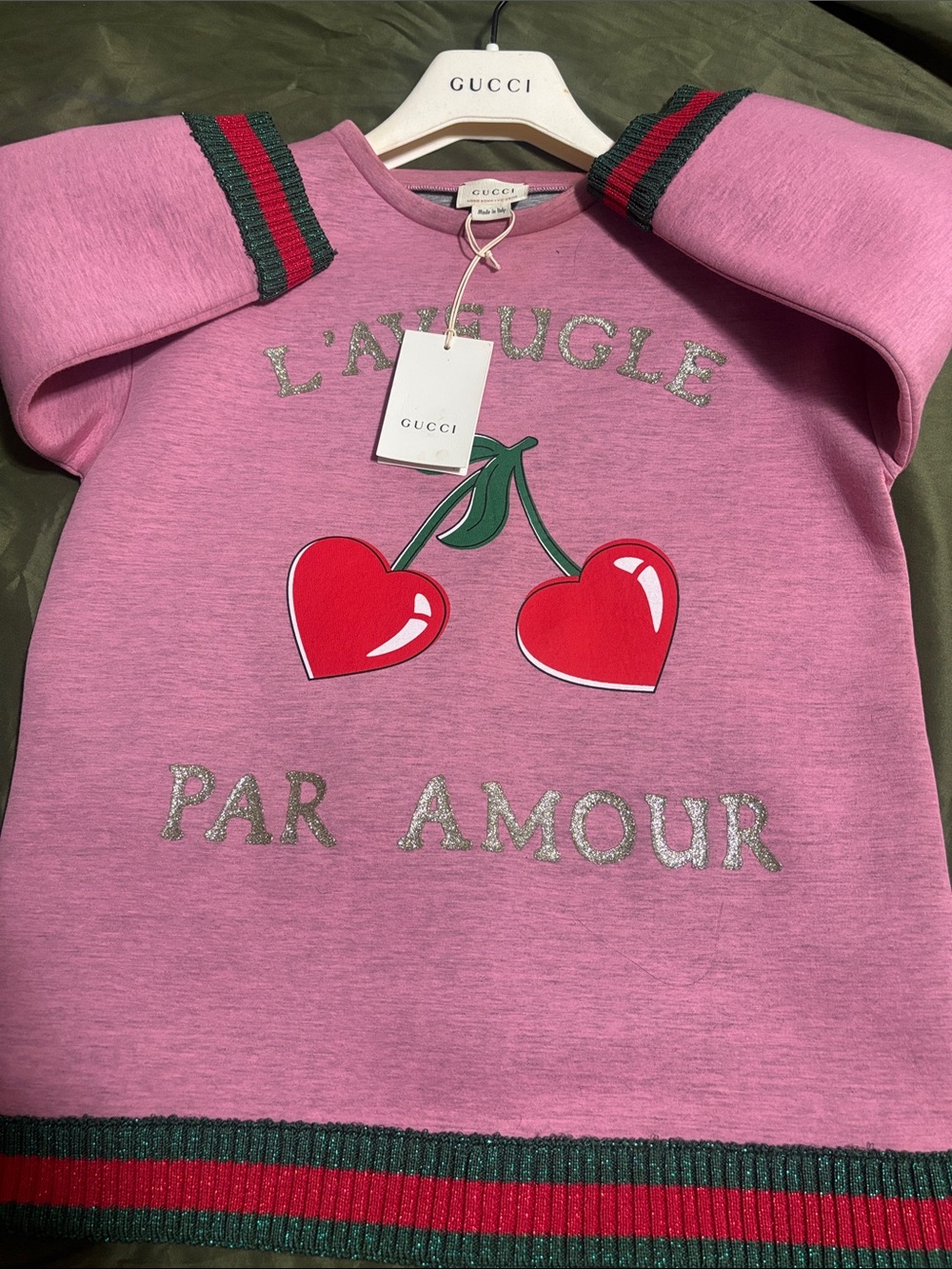 Gucci Pink Cherry Logo Kids Sweatshirt with Glitter Script